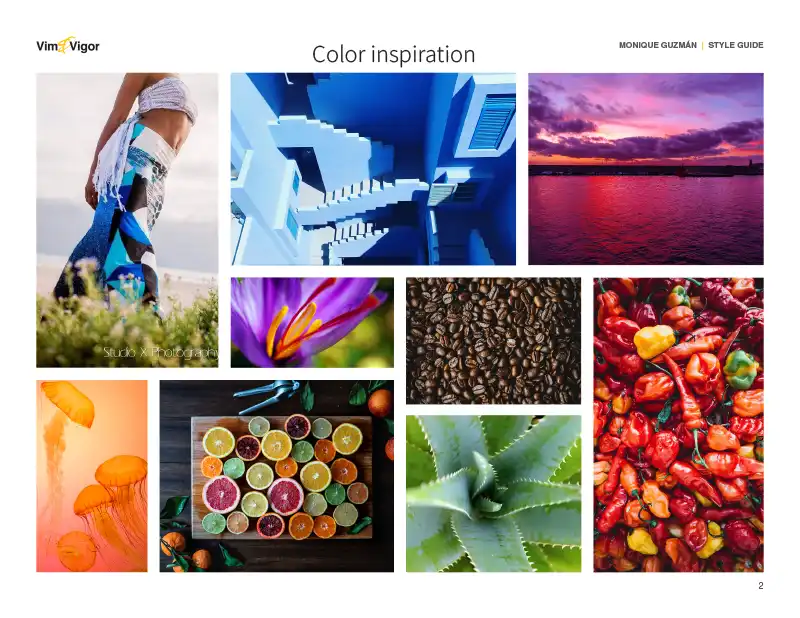 Mood board page with 10 images in bold bright colors.