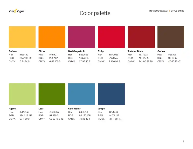 A page from the brand guidelines showing the colors and their various color profile numbers.
