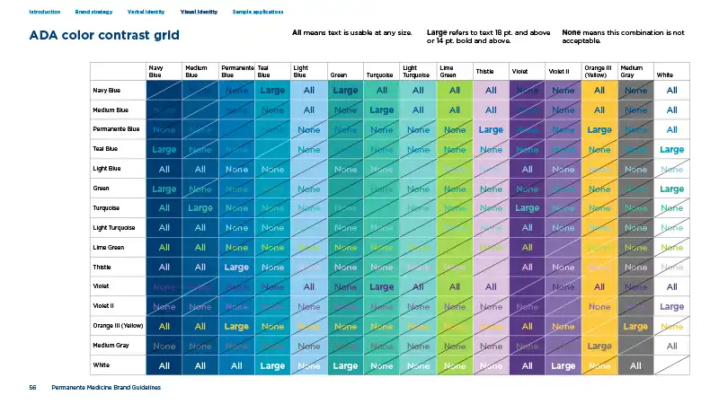 A page from the guidelines showing a chart of usable and unusable color combinations for ADA compliance.