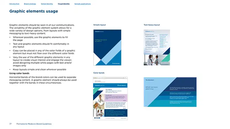 A page from the guidelines showing various treatment of the graphic elements across web, presentations, and print