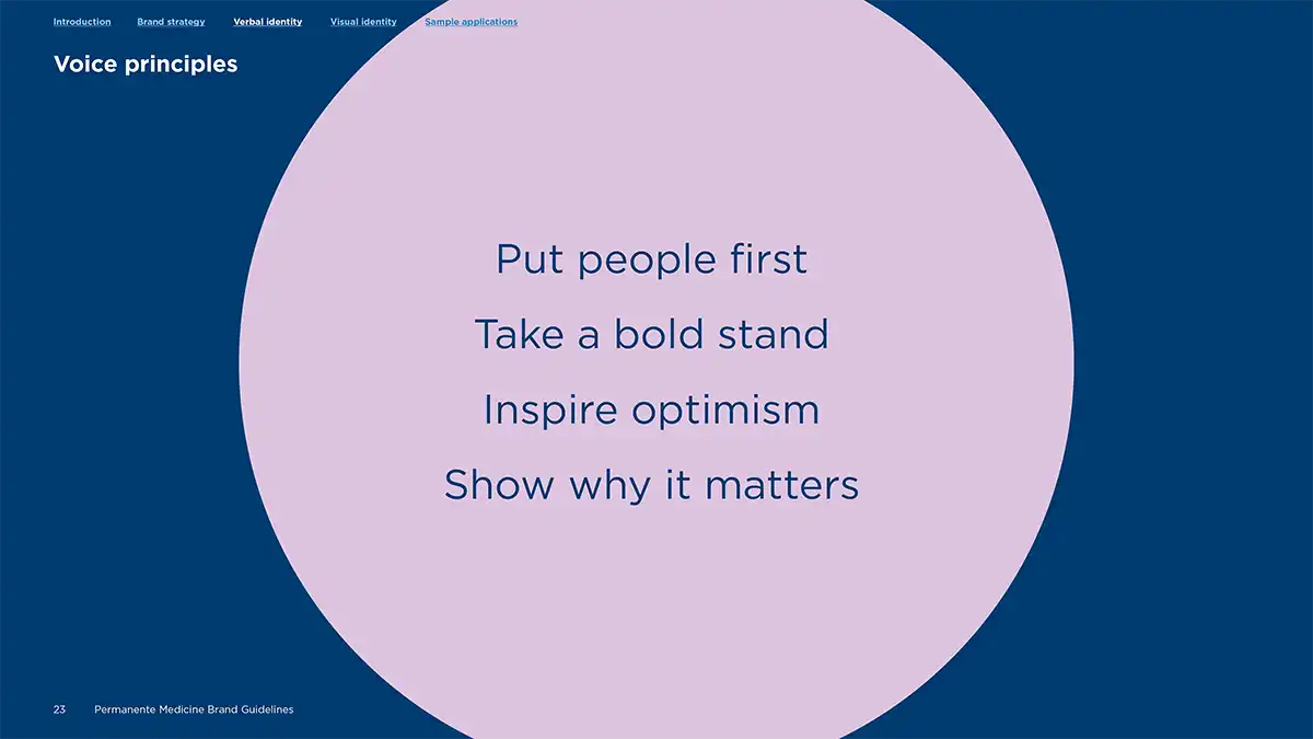 Text of a purple circle. The text reads," Put people first. Take a bold stand. Inspire optimism. Show why it matters."