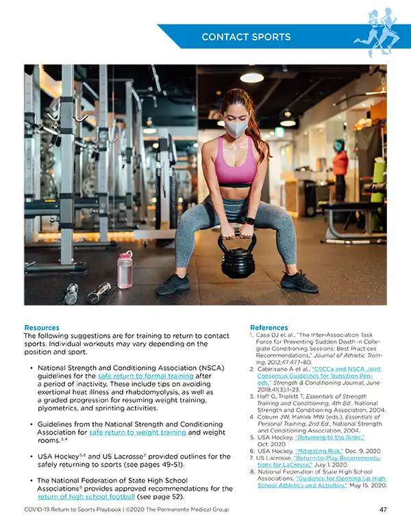 A page from the Return to Sports playbook with resources and references, including links. The image is of a masked woman in a gym lifting a kettel bell.