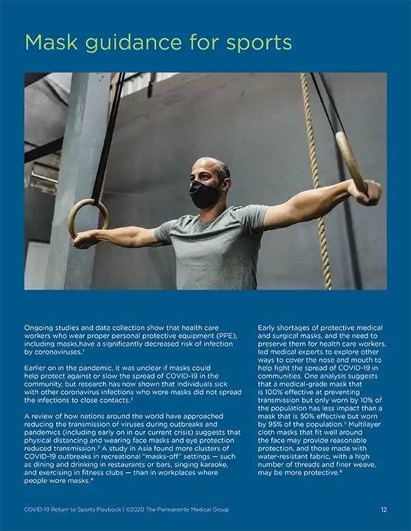 A page from the guide on mask guidance during sports. The image on the page is of a man on the gymnastics rings wearing a mask.