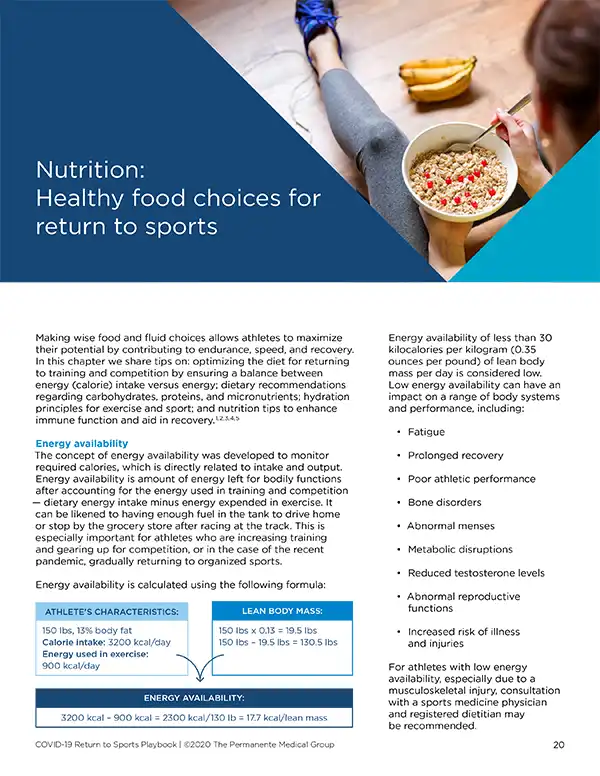 A nutrition page from the Return to Sports playbook. The image is an over-the-shoulder angle of a woman in workout clothes eating a bowl of cereal.