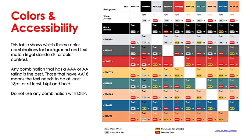 The informational slide explaining color usage and accessibility
