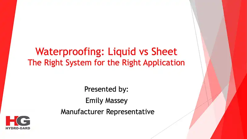 A PowerPoint title page with the text "Waterproofing: Liquid vs Sheet"