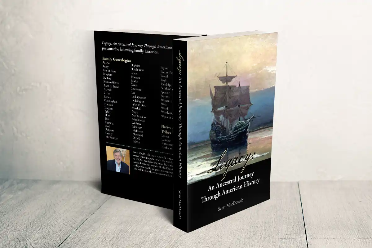 The front and back cover of the book "Legacy". The cover shows an oil painting of the ship Mayflower.