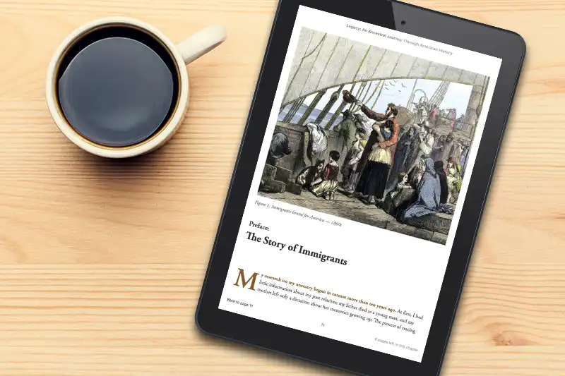 A tablet showing the opening page of the preface sits on a table next to a cup of coffee