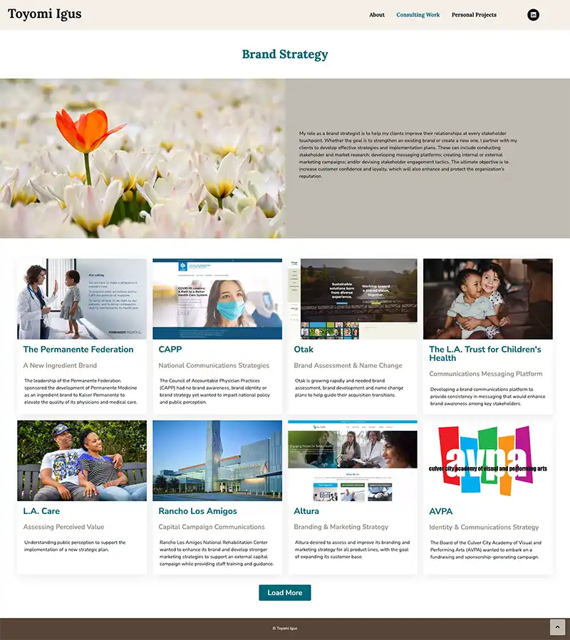 A screen capture of a web page showing a feature image and 8 previews of branding projects
