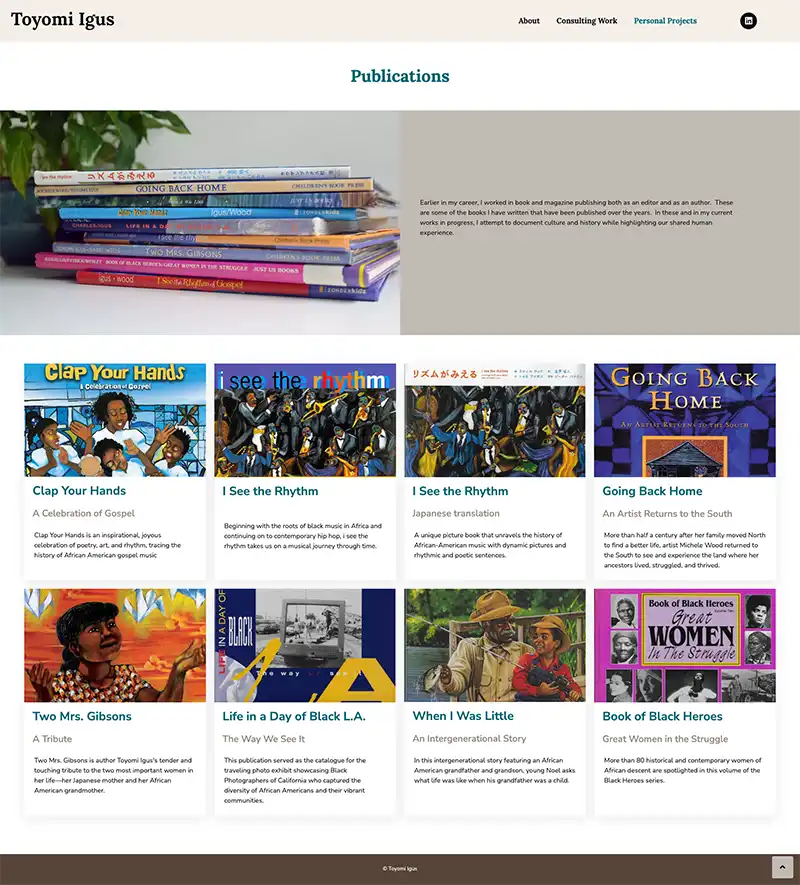 A screen capture of a web page showing a feature image and 8 previews of book projects